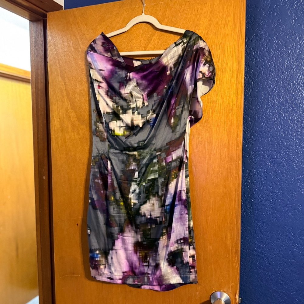 Abstract Women's Silk Cocktail Dress with Cowl Neckline
